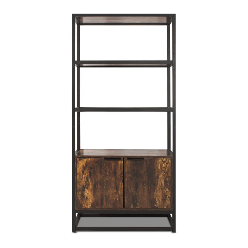 Edo - Estantería empotrada 76 x 162,5 x 33,5 cm, 3 estantes con mueble de 2 puertas de madera y estructura de metal negro