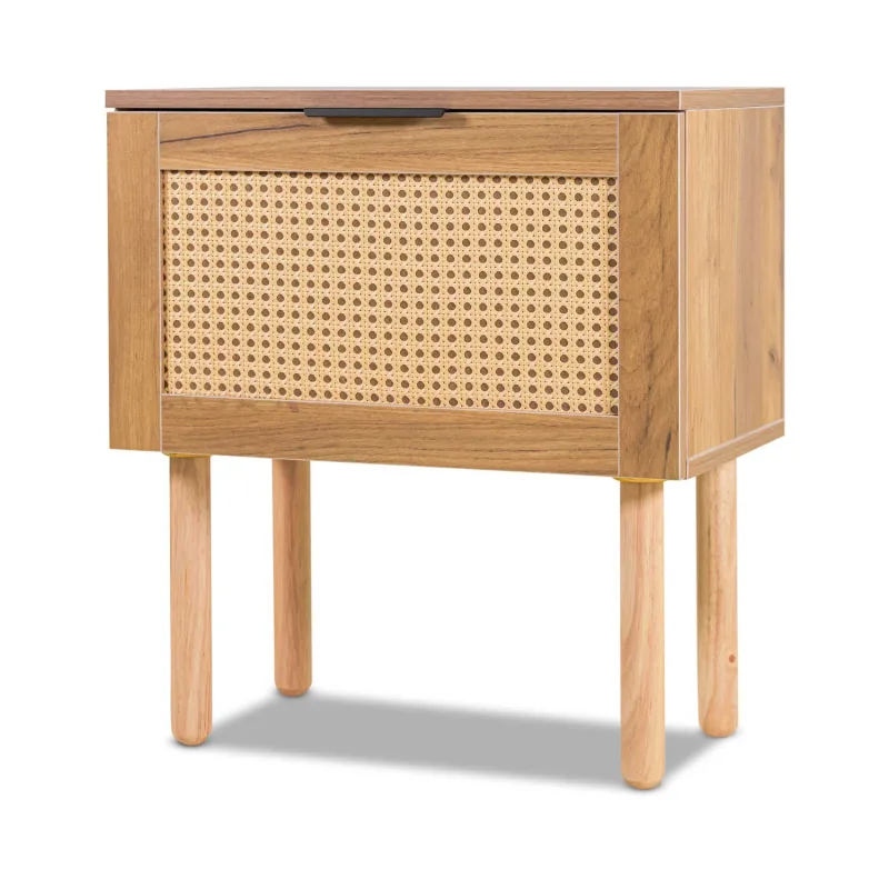Ikki - Mesa de noche de madera y ratán, 1 cajón