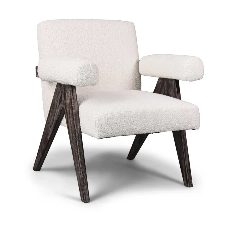 Avana - Sillón de madera maciza de Parawood y tela bouclè antimanchas