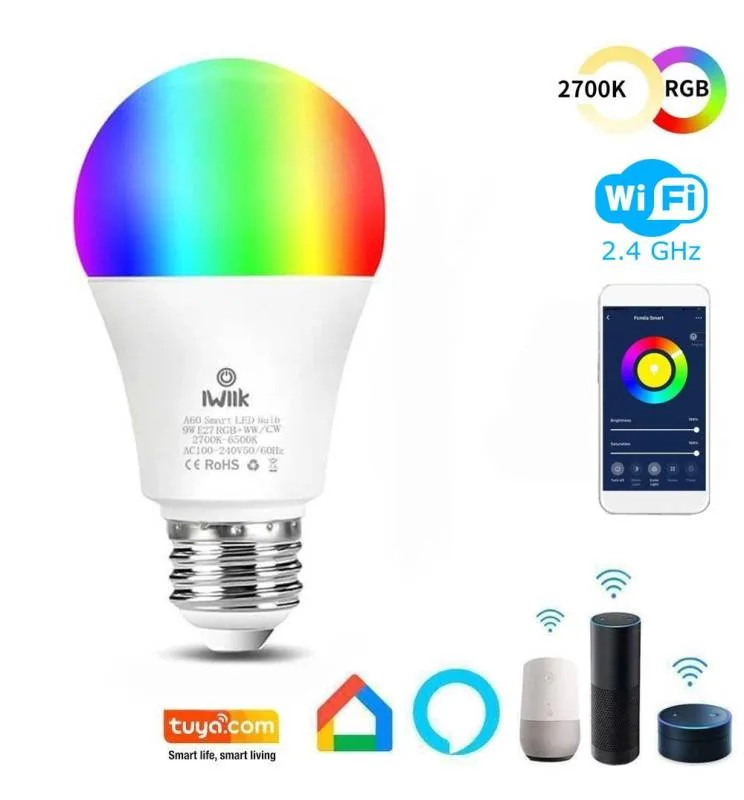 Bombilla led e27 10w rgb+cct wifi rgb + blanco frío