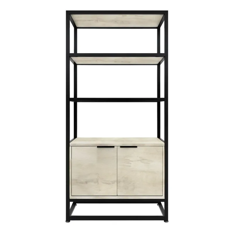 Edo - Estantería empotrada 76 x 162,5 x 33,5 cm, 3 estantes con mueble de 2 puertas de madera y estructura de metal negro