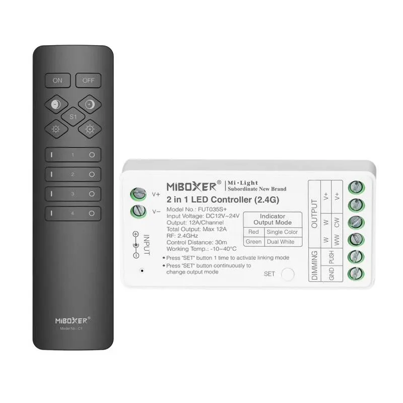 Controlador 2.4g rf dc12-24v 12a 2 en 1 monocolor + cct + mando c1