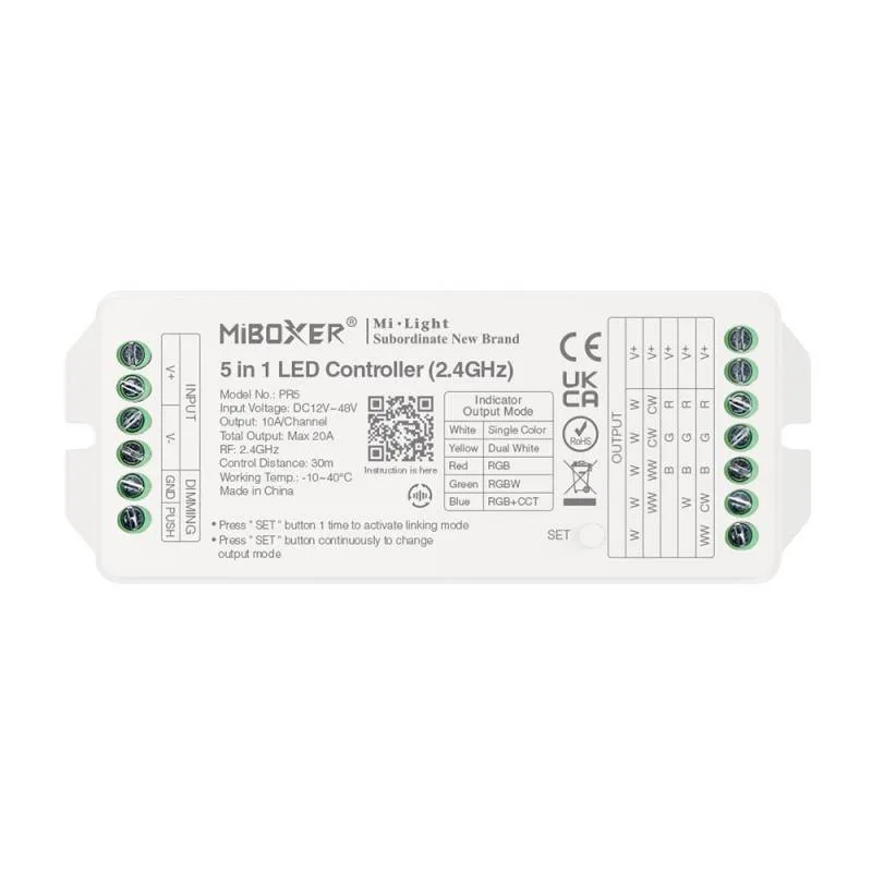 Controlador 2.4g rf dc12-48v 20a 5 en 1 mono+cct+rgb+rgbw+rgbcct