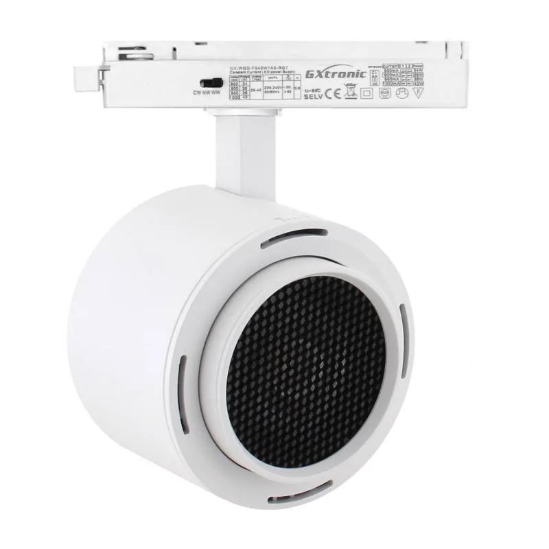 Foco carril monofásico roma 40w-34w blanco regulable 24º-60º ugr13 cct 3000-4000-6000k