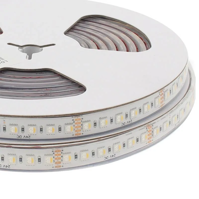 Tira led smd5050 rgb+w dc24v 5m (96led/m 4 en 1) 115w ip67 3oz rgb + blanco cálido