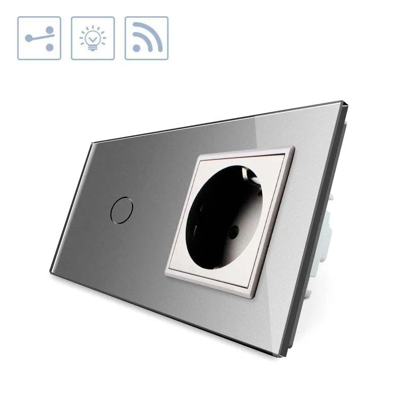 Conmutador táctil 1 boton + 1 enchufe frontal gris + remoto livolo