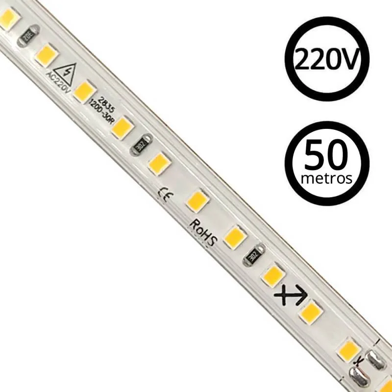 Tira led 220v smd2835 120led/m 8w/m triac regulable corte 10cm carrete 50 metros blanco cálido