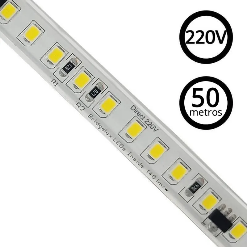 Tira led 220v bridgelux smd2835 140led/m 20w/m 2800lm/m triac regulable corte 10cm carrete 50 metros. silicona blanco cálido