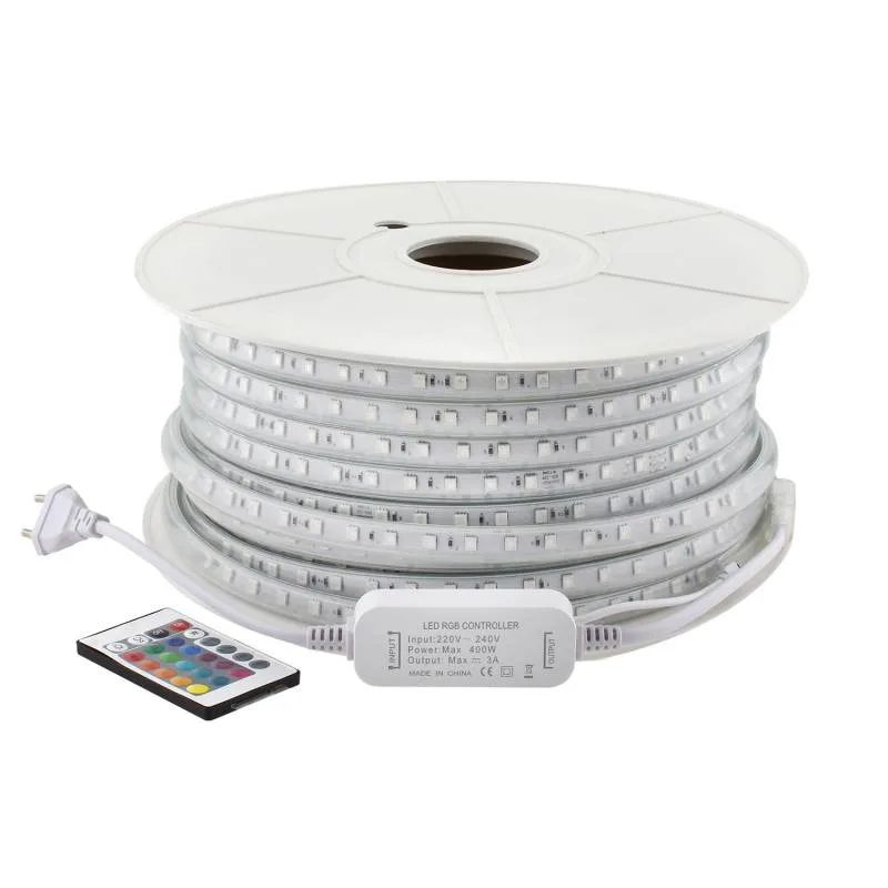 Tira led 220v smd5050 60led/m 8w/m rgb carrete 50 metros + controlador + mando rgb