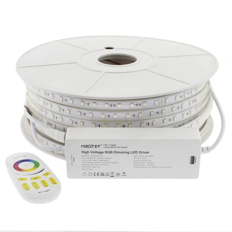 Tira led 220v smd5050 60led/m 8w/m rgb carrete 50 metros + controlador miboxer + mando rgb