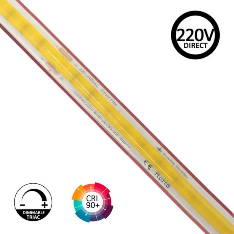 Tira led 220v cob 560led/m 16w/m 10cm corte 1 metro. regulable triac. silicona blanco cálido 2700k