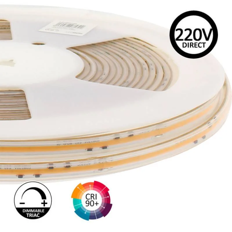 Tira led 220v cob 560led/m 16w/m 10cm corte 10 metros. regulable triac. silicona blanco cálido 2700k