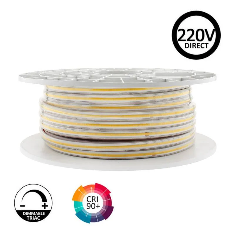 Tira led 220v cob 560led/m 16w/m 10cm corte 50 metros. regulable triac. silicona blanco cálido 2700k