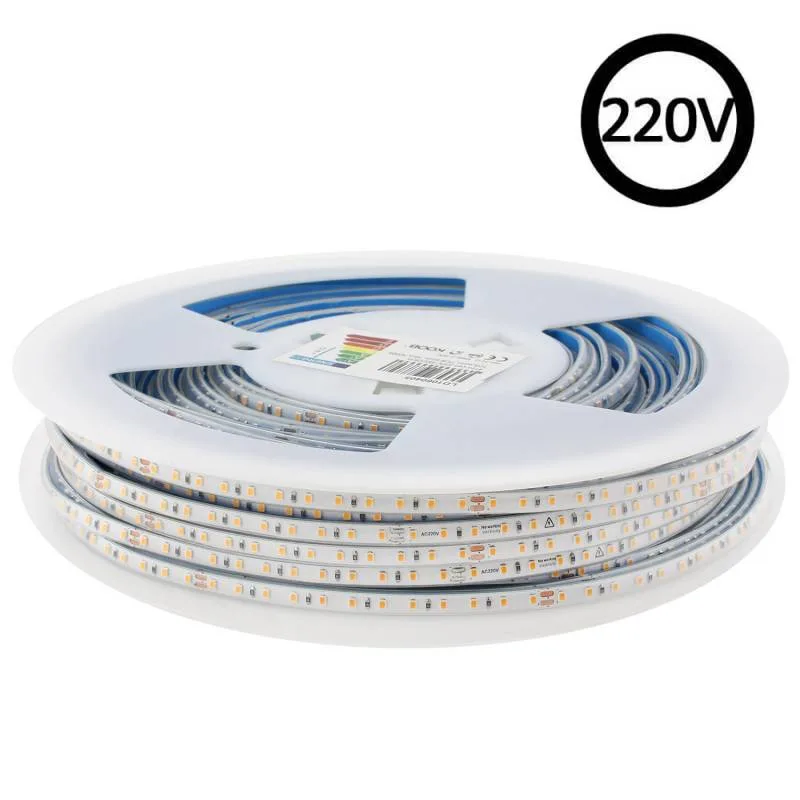 Tira led 220v super slim smd2835 120led/m 8w/m triac regulable corte 10cm carrete 50 metros silicona blanco neutro
