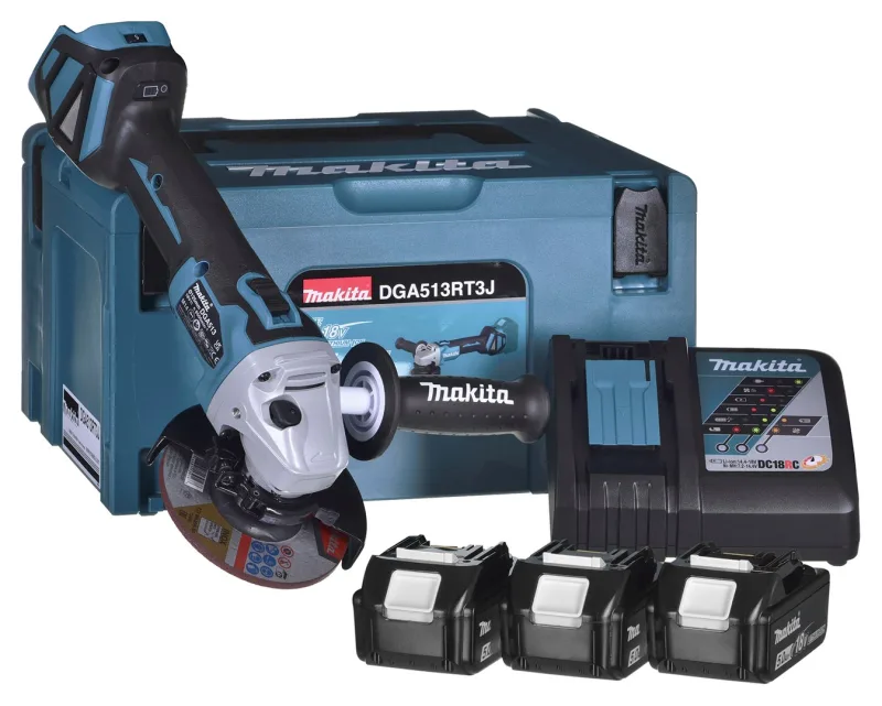 Makita DGA513RT3J - Amoladora angular inalámbrica (18 V, incluye cargador rápido DC18RC, 3 baterías de 5,0 Ah, en MAKPAC tamaño 3)