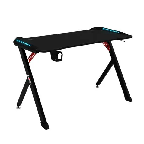 Mesas marca Muvip modelo Muvip PRO1200 Mesa Gaming Fibra de Carbono con Luz RGB - Solida - Gran Superficie - Portavasos - Gancho para Auriculares - Medidas 120x60x75cm - Color Negro