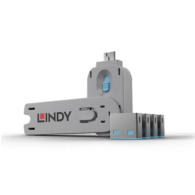 Lindy - Juego de 3 candados USB con llave, 4 piezas, color azul