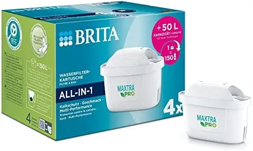 BRITA Maxtra Pro Pure Performance - Cartucho de filtro de agua (todo en 1, 4 unidades) - Filtro de agua de repuesto original para todas las jarras BRITA: puro sabor a agua - filtra PFAS, cloro, cal y
