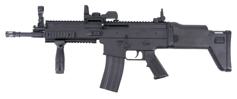 Escopeta muelle Tipo SCAR. Escopeta de calibre 6 mm - Color Negro - Energía 0,72 Julios - Velocidad de disparo 109 m/s - 360 FPS. Escopeta con visor.