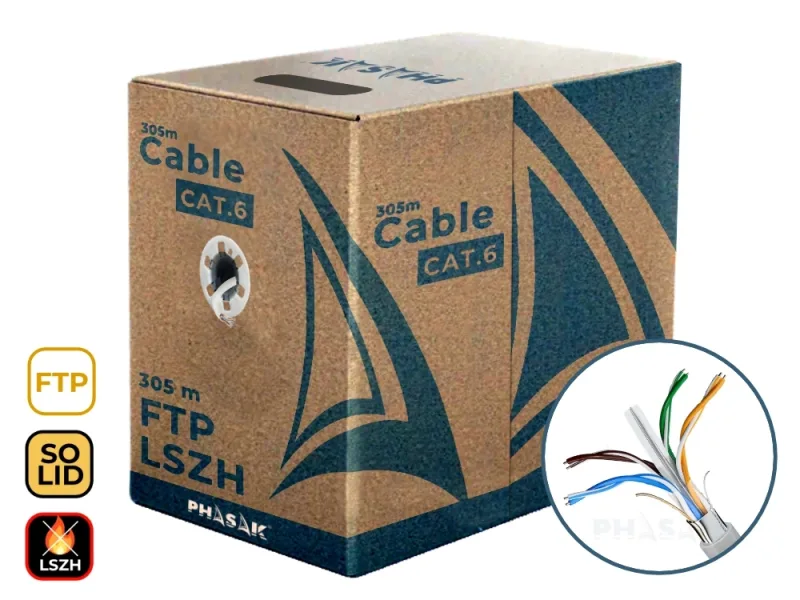 Bobina de Cable de Red Cat.6 FTP LSZH Sólido PHASAK AWG23 CCA 305M - PHR 6312 | Alta velocidad 1 Gbps, blindado, conductores CCA, baja emisión de humos, ideal para redes seguras