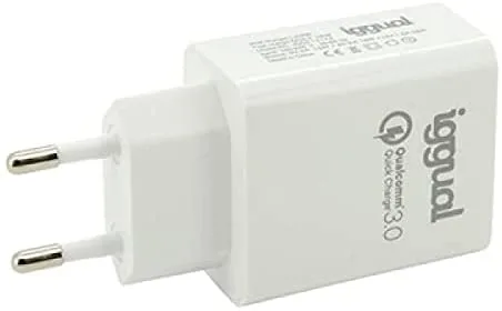 iggual. Cargador rápido 18 W USB A- Tecnología QC 3.0. Compatible Cualquier Marca Dispositivo móvil. Protección sobrecalentamiento. Color Blanco.