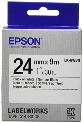 Epson Cinta estándar - LK-6WBN estándar negra/blanca 24/9 - Cintas para impresoras de etiquetas (Negro sobre blanco, LabelWorks LW-1000P LabelWorks LW-600P LabelWorks LW-700 LabelWorks LW-900P, Ampolla, 2,4 cm, 9 m)