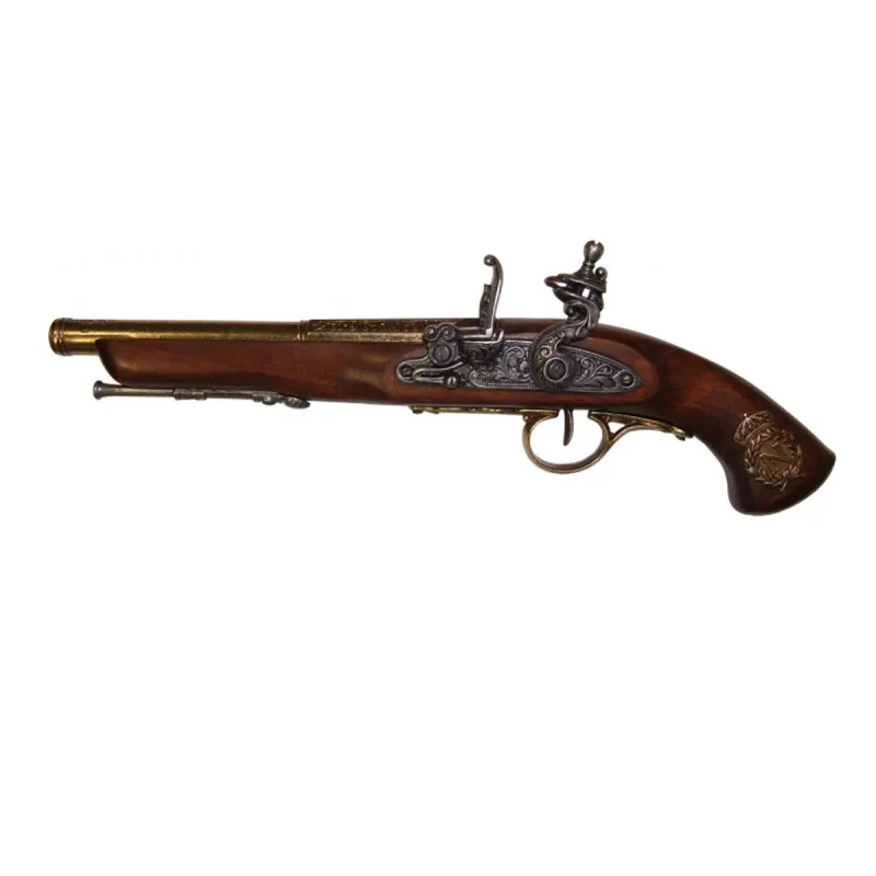 Réplica de pistola de chispa para zurdos con escudo de Napoleón en la empuñadura del Siglo XVIII, fabricada en metal y madera con mecanismo simulador de carga y disparo, con cañón ciego, no dispara, para decoración