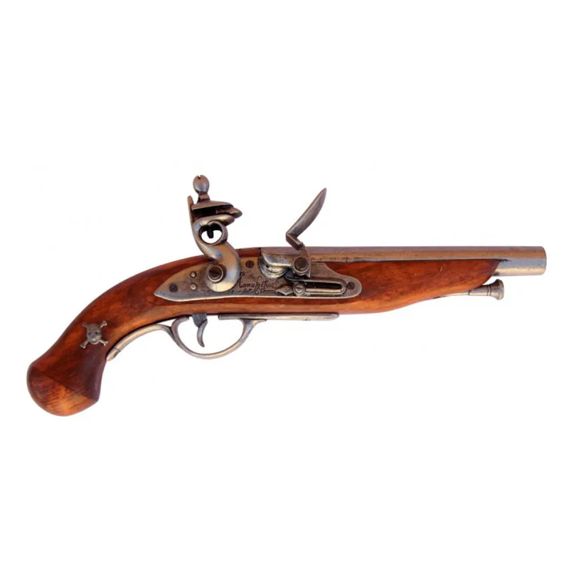 Replica de pistola de Pista Pirata Francesa del Siglo XVIII, fabricada en metal y madera con mecanismo simulador de carga y disparo. no funciona, para decoración