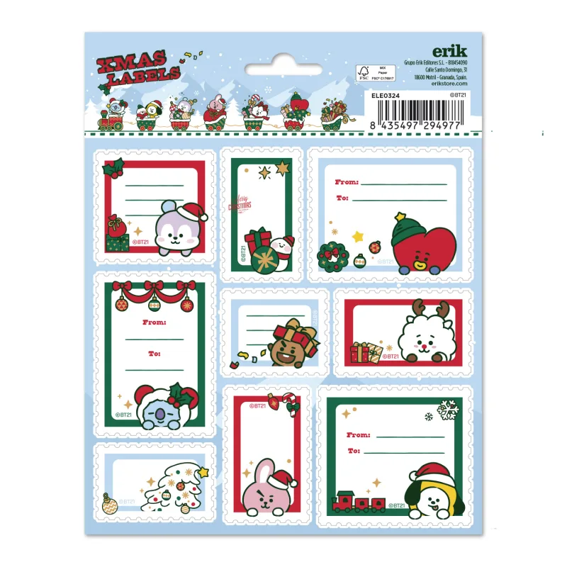 Grupo Erik Etiquetas adhesivas Navidad, BT21 - Etiquetas regalo Navidad / 18 Etiquetas Navidad - Etiquetas regalo - Pegatinas navidad regalos, ELE0324