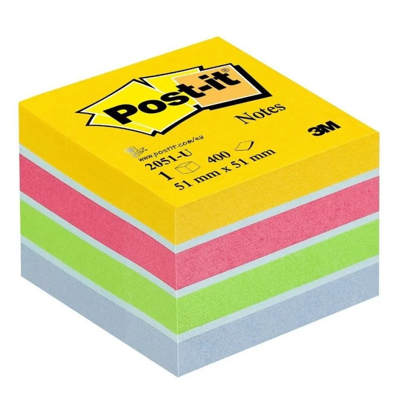 Post-It Cubo De Notas Mini, Colores Ultra - 51 mm x 51 mm, 400 Hojas, Azul/Verde/Rosa/Amarillo - Notas Adhesivas para Listas de Tareas y Recordatorios