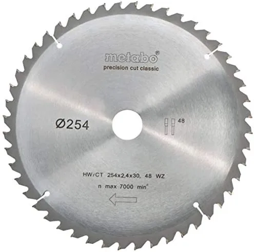 Metabo 628061000 628061000-Hoja de Sierra Metal Duro HW/CT Precision Cut 254 x 30 mm Dientes 48 WZ, 5º neg
