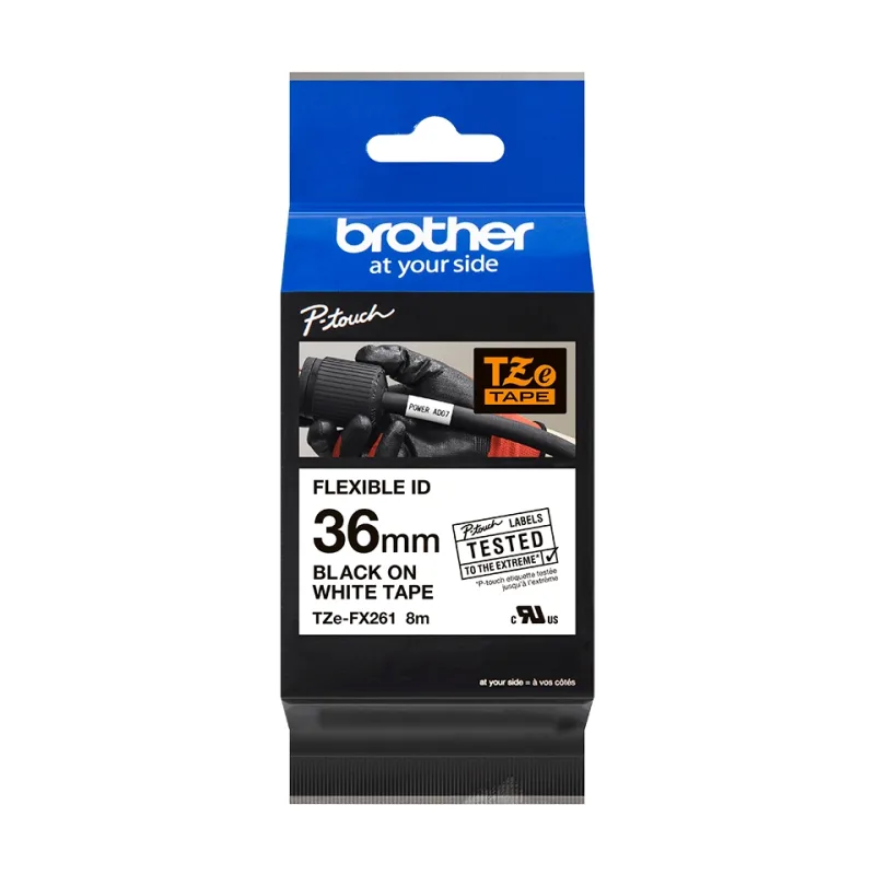 Brother Cinta laminada TZe-FX261 (Lam, Flex.) Negro en Blanco 36mm x 8m - apropiado para D800W, P900W, P950NW, PT-3600, PT-550, PT-9200DX, PT-9200PC, PT-9400, PT-9500PC, PT-9600, PT-9700PC, PT-
