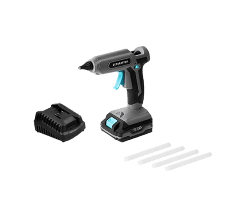 Pistola de encolar de 20 V y 2.000 mAh, compatible con barras de pegamento de 11 mm de diámetro y 150 mm de longitud, temperatura de trabajo de 180ºC y autonomía de 30 min.