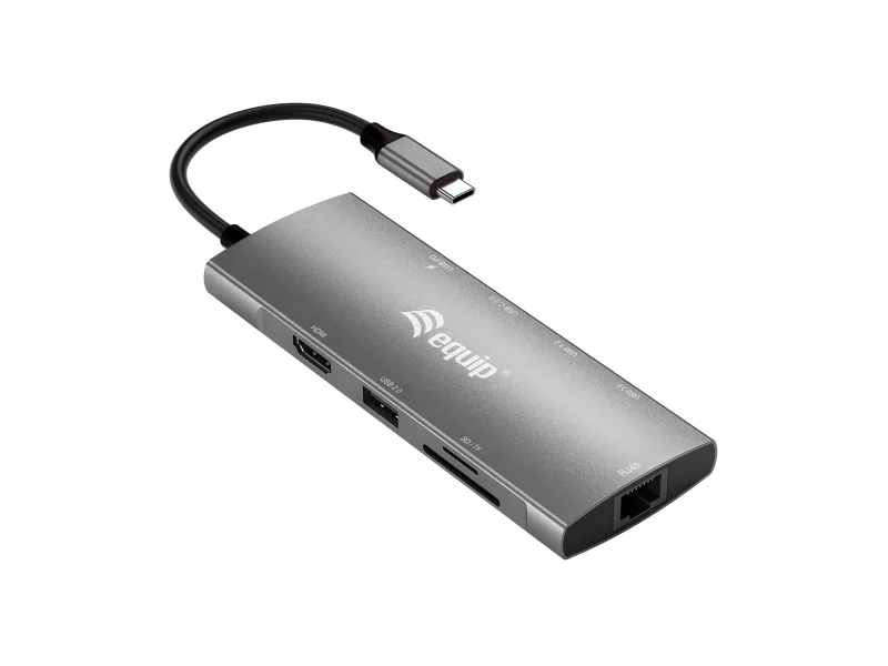 Equip 133490 USB-C 9 en 1 Adaptador Multifunción, HDMI 4K/60Hz, Gigabit LAN, USB 3.2 GEN1, SD/TF, 100 W USB PD
