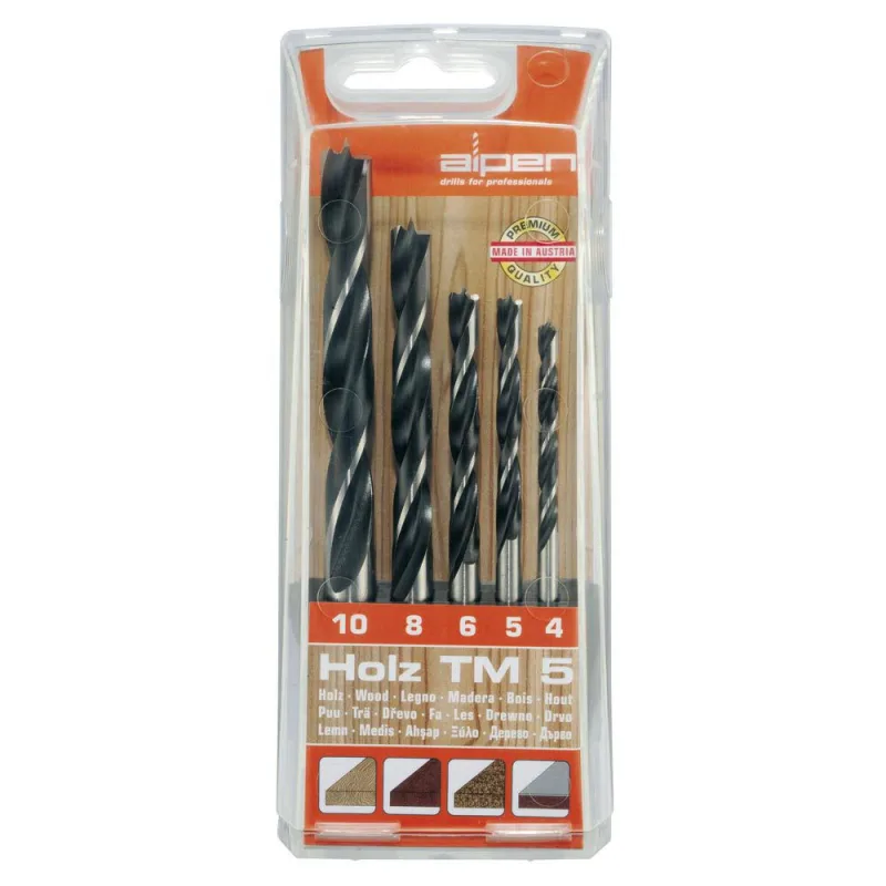 ALPEN 9084015 Estuche Brocas Madera 5 Piezas, negro, ø 4-10 mm