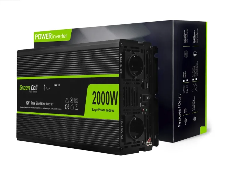 Green Cell® 2000W/4000W 12V a 220V/230V Onda sinusoidal Pura Inversor de Corriente DC AC Power Inverter Transformador de Voltaje para Coche Camion con Puerto USB y Pinzas de conexión a batería