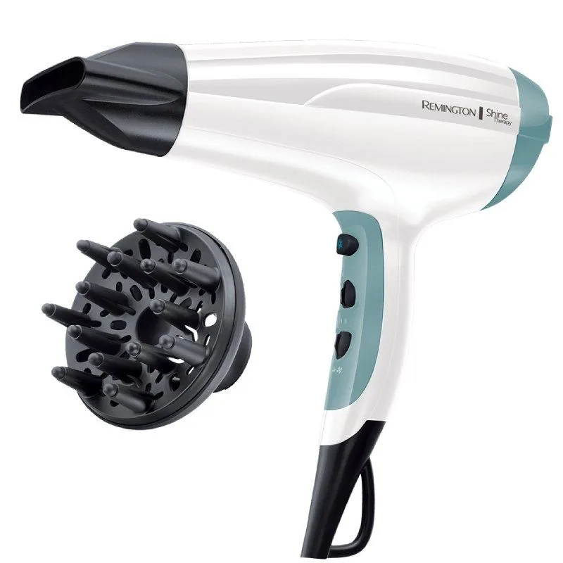 Remington Secador de Pelo Shine Therapy, Iónico, Cabello Sin Encrespamiento y Más Brillante,2300 W, Concentrador y Difusor, 3 Temperaturas, 2 Velocidades, Rejilla Trasera Desmontable, D5216