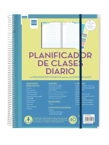 Finocam - Planificador de Clases Diario para Docentes | 1 Día Página | Español | Hasta 8 Clases Diarias | Tapa Personalizable | Espiral Metálica | Grande, Papel | Español