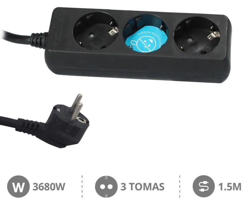 Base Multiple 3 Enchufes Schuko Cable 1,5m Negra 000000024