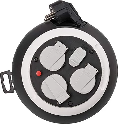 Brennenstuhl Comfort-Line enrollacables doméstico con 4 enchufes y USB (cable de 3 m, alargador eléctrico enrollable, para uso al hogar, carga USB) negro/blanco