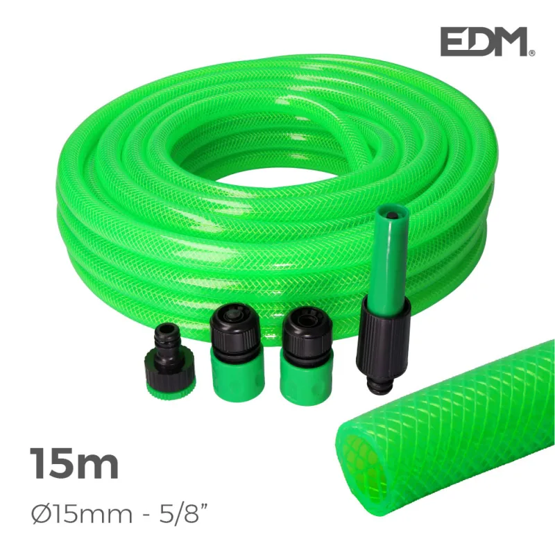 KIT MANGUERA JARDIN ANTI-TORSION Ø INTERIOR 15mm Ø EXTERIOR 20mm (5/8") - ROLLO 15m CON ACCESORIOS EDM