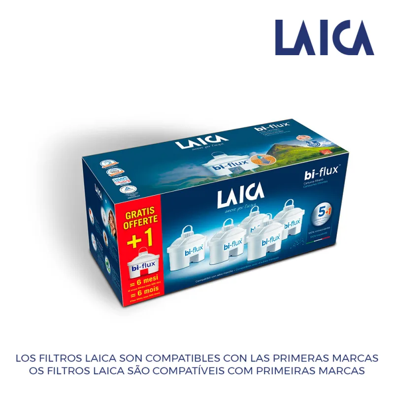 Laica, Pack de 6 filtros bi-flux,cartucho filtrante para el tratamiento de agua (suministro para 6 meses)