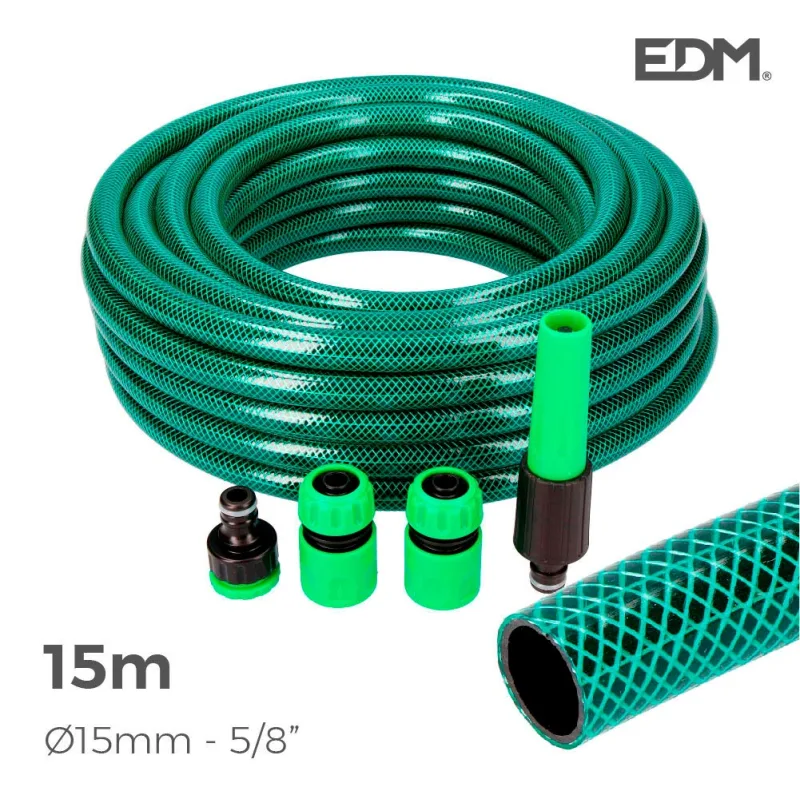 Kit manguera jardin basic line ø interior 15mm ø exterior 20mm (5/8) - rollo 15mts con accesorios edm