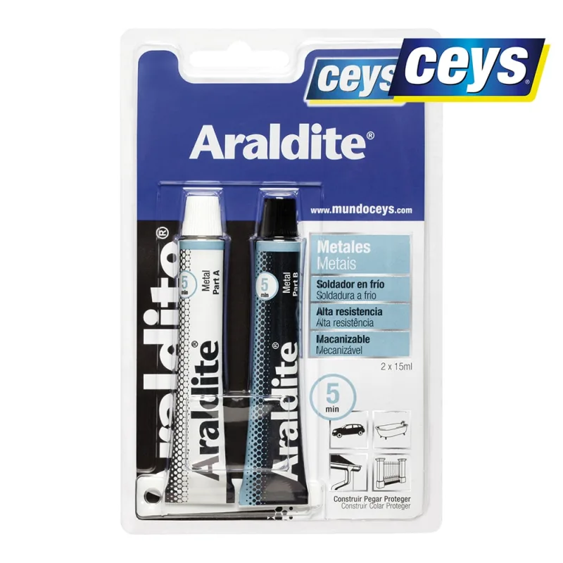 Ceys - Araldite adhesivo bicomponente para metales - Soldador en frío - Alta resistencia - Macanizable - Azul - 2x15 ML