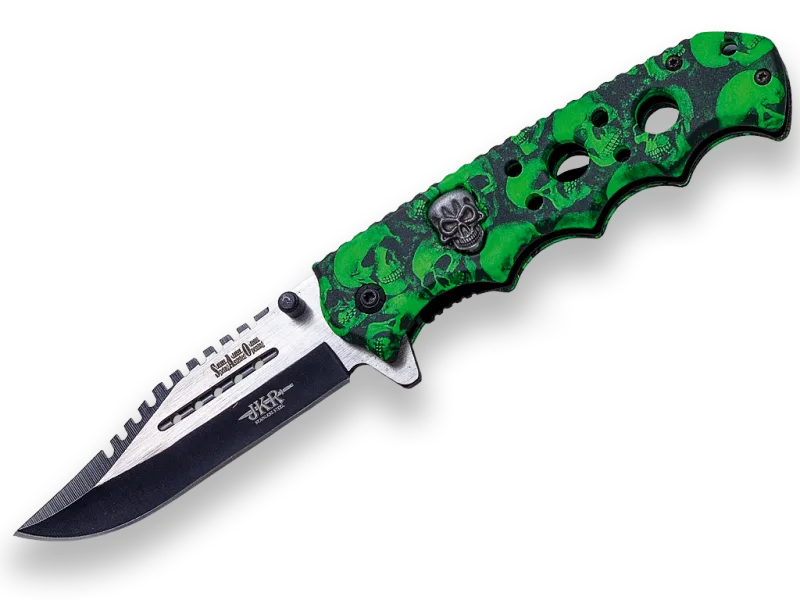 Navaja JKR puño de aluminio de color verde con calavera, hoja inox de 8,5 cm, con clip, JKR0622