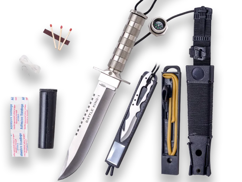 CUCHILLO DE SUPERVIVENCIA BATTLE KING I. PUÑO DE ALUMINIO Y HOJA DE 20,5 CM.INCLUYE KIT DE SUPERVIVENCIA.FUNDA DE NYLON Y PVC - JKR0602.