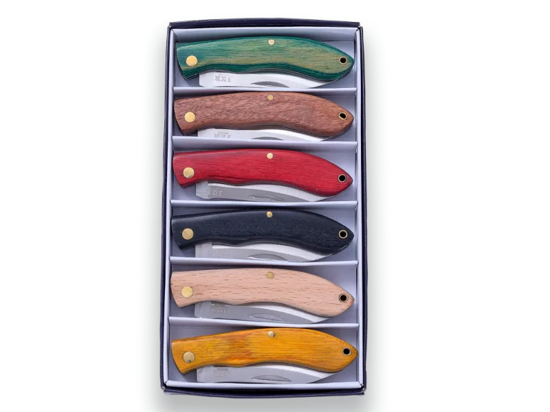 Kit de navajas de 6 piezas de diferentes colores JKR, hoja de 6,2 cm, cachas en madera, JKR0498