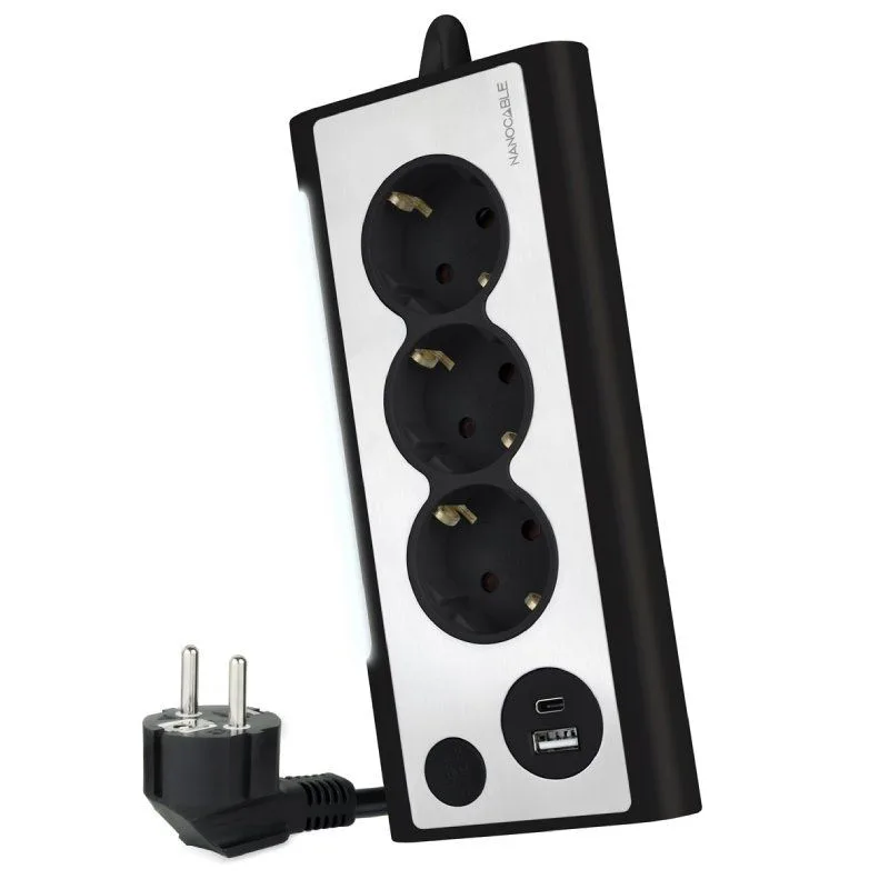 Nanocable Regleta de Sobremesa con 3 Tomas de Tierra y 2 USB´s con Luz, Negro