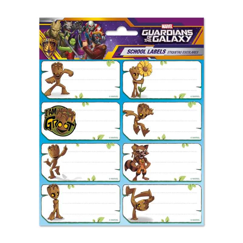 Grupo Erik Etiquetas adhesivas Marvel Groot - Pegatinas libro nombres/Pack etiquetas escolares - Papeleria Marvel - Producto con licencia oficial