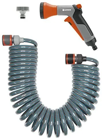 Set de manguera espiral Gardena (10 m): manguera en forma de espiral para regar e irrigar pequeñas superficies, fuerza de recuperación, diámetro 9 mm, con piezas de sistema Gardena y ducha (4647-20)